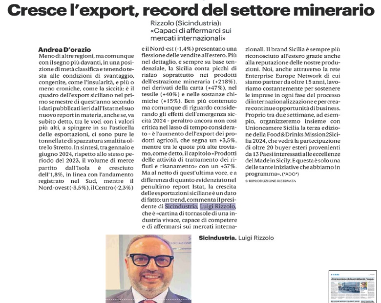 CRESCE L`EXPORT, RECORD DEL SETTORE MINERARIO - 12/09/2024